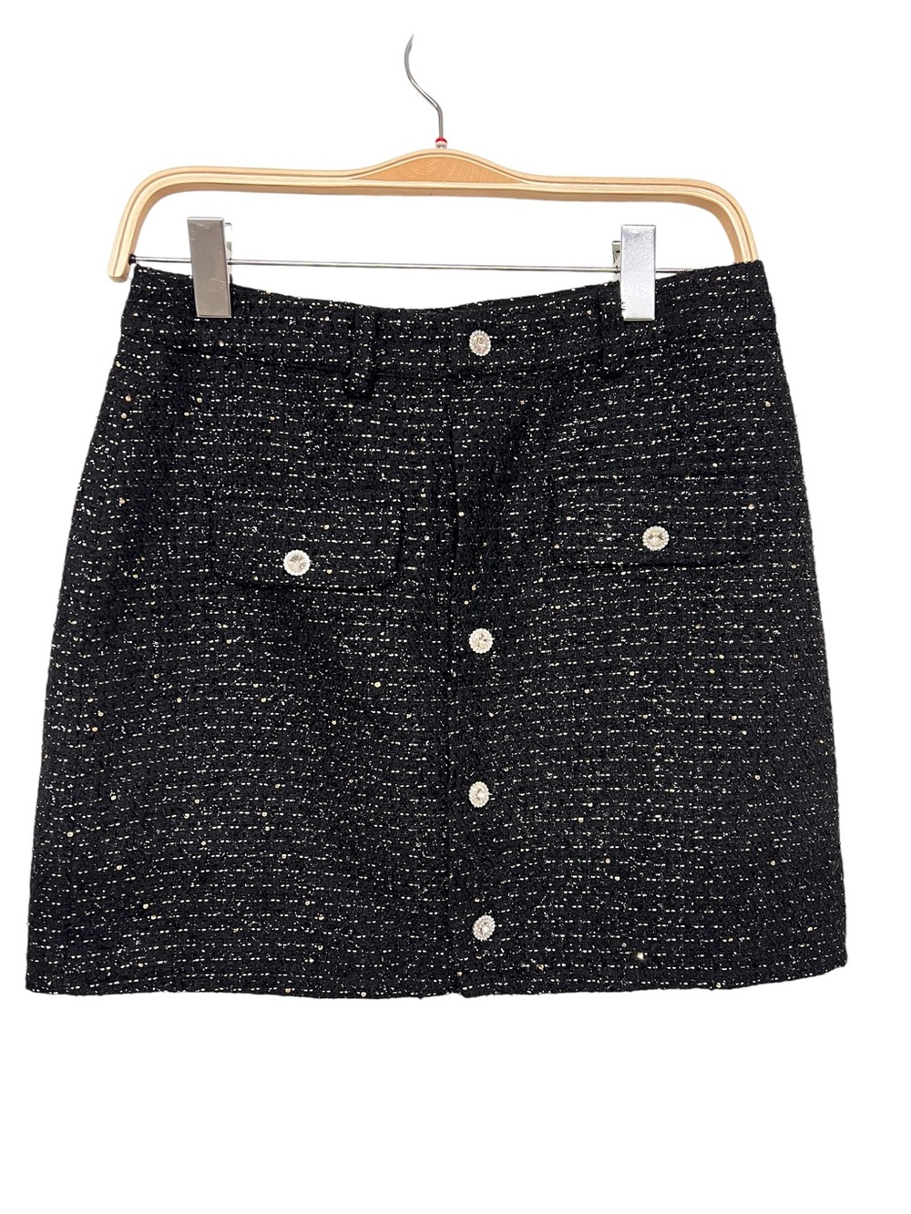 New Lulus Posh Reputation Black Tweed‎ Rhinestone Button-Front Mini Skirt